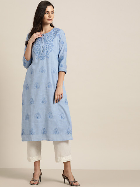

Moda Rapido Women Blue Ethnic Motifs Embroidered Thread Work Cotton Straight Kurta