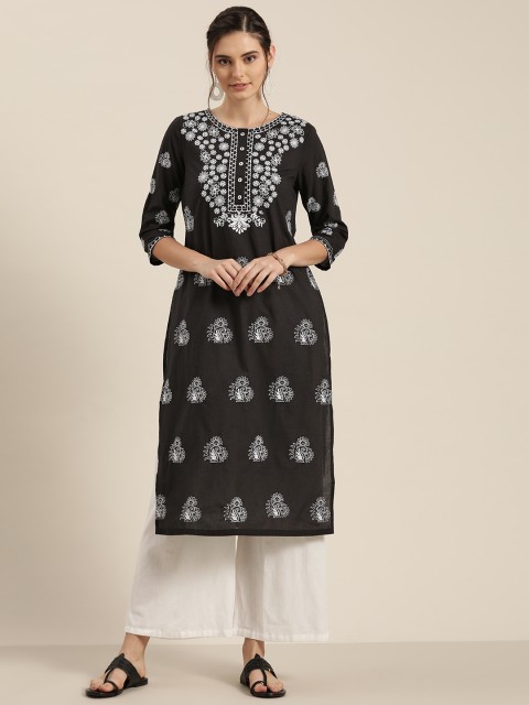 

Moda Rapido Women Charcoal Grey & White Pure Cotton Embroidered Straight Kurta