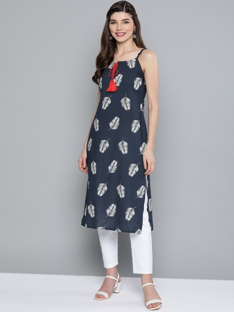 

HERE&NOW Women Navy Blue & White Feather Printed Kurta