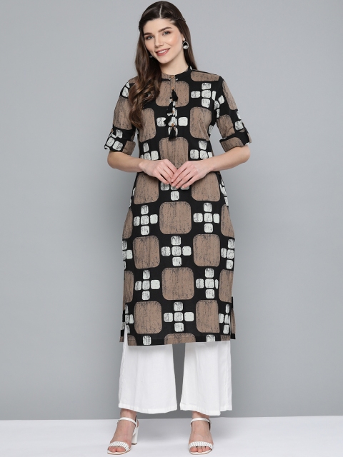 

HERE&NOW Women Black & Brown Pure Cotton Geometric Printed Kurta