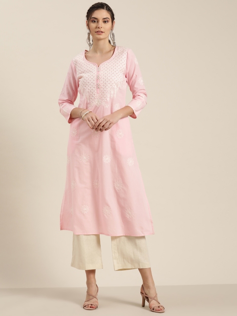 

Moda Rapido Women Pink & White Pure Cotton Embroidered Straight Kurta