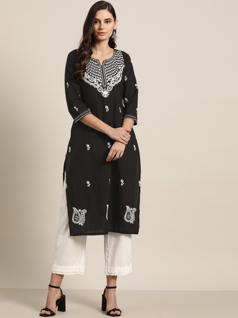 

Moda Rapido Women Black & White Ethnic Motifs Embroidered Pure Cotton Straight Kurta