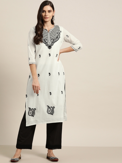 

Moda Rapido Women White & Black Ethnic Motifs Thread Work Pure Cotton Straight Kurta