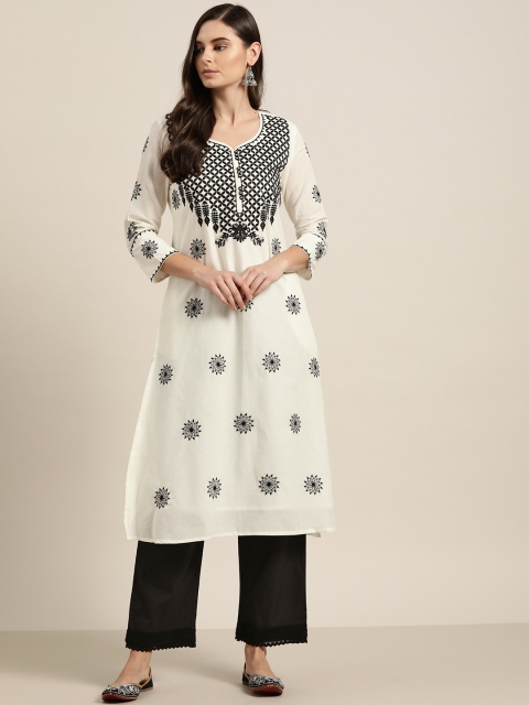 

Moda Rapido Women White & Black Floral Embroidered Pure Cotton Kurta with Trousers