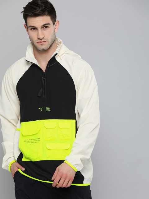 

Puma Men Cream-Coloured & Black Colourblocked windCELL Sporty Jacket with Detachable Hood