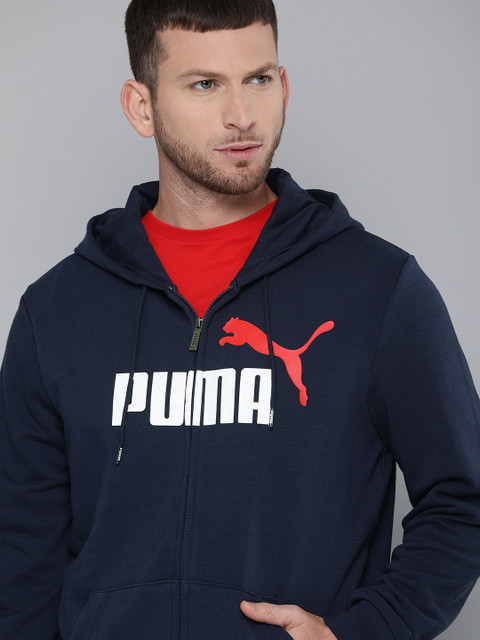 

Puma Men Navy Blue Printed ESS+ 2 Col FZ TR Hooded Jacket