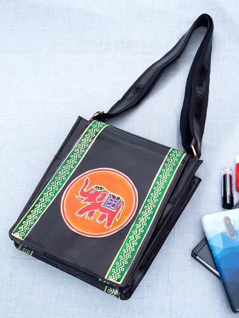 

Golden Peacock Black & Orange Printed Leather Sling Bag