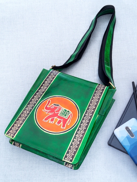 

Golden Peacock Green & Orange Printed Leather Sling Bag