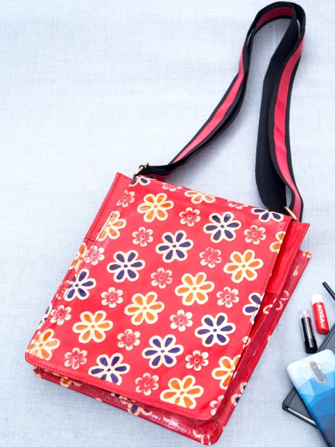 

Golden Peacock Red Printed Leather Sling Bag