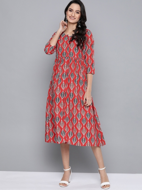 

HERE&NOW Women Red & Black Leaf Print Pure Cotton Midi A-Line Dress