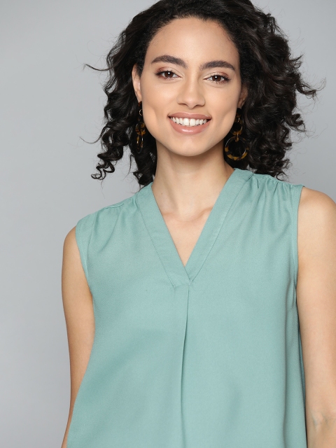 

HERE&NOW Women Green Solid High-Low Top