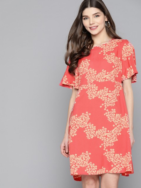 

HERE&NOW Women Coral Pink Floral Print A-Line Dress