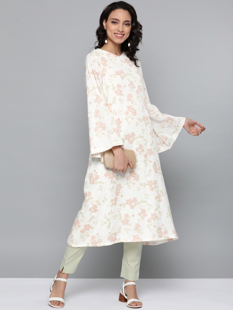 

HERE&NOW Women White & Peach-Coloured Floral Printed Pure Cotton Flared Sleeves Kurta