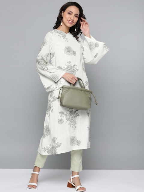 

HERE&NOW Women White & Grey Floral Printed Pure Cotton Flared Sleeves Kurta