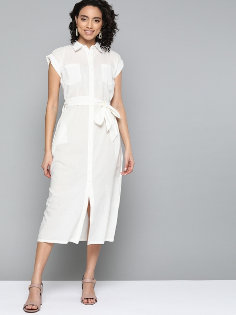 

HERE&NOW Women Off-White Solid Pure Cotton Semi-Sheer Shirt Dress