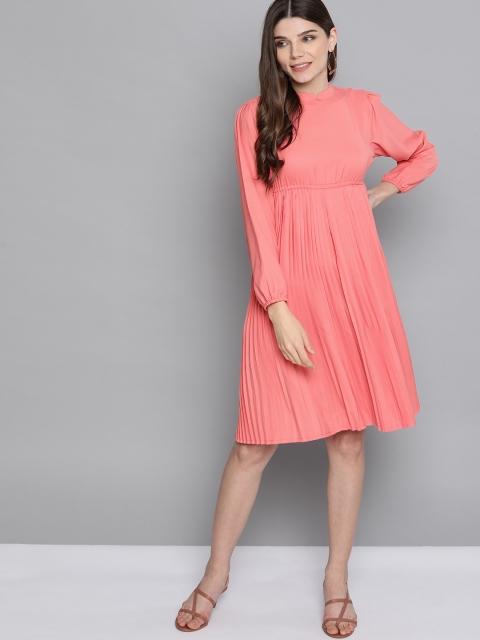 

HERE&NOW Women Peach-Coloured Solid A-Line Accordion Pleated Dress