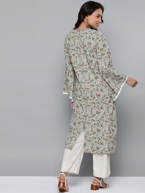 

HERE&NOW Women Green & Burgundy Ethnic Motifs Printed Pure Cotton Flared Sleeves Kurta