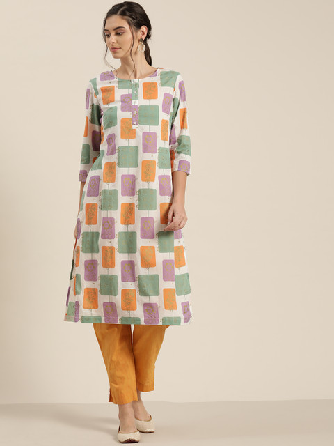 

Moda Rapido Women White & Green Pure Cotton Printed Straight Kurta