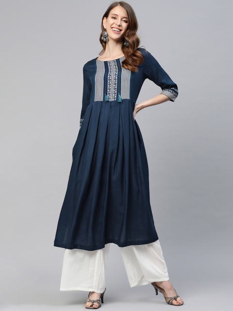 

HERE&NOW Women Navy Blue & White Yoke Design Kurta