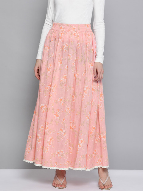 

HERE&NOW Women Pink & Green Floral Print Pure Cotton Flared Maxi Skirt