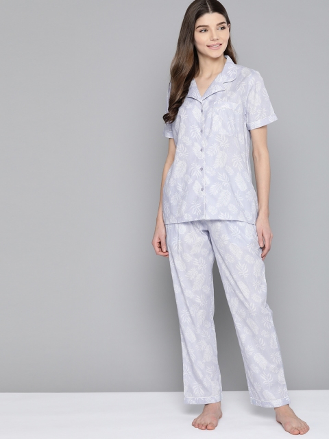 

HERE&NOW Women Blue & White Leaves Print Pure Cotton Night suit