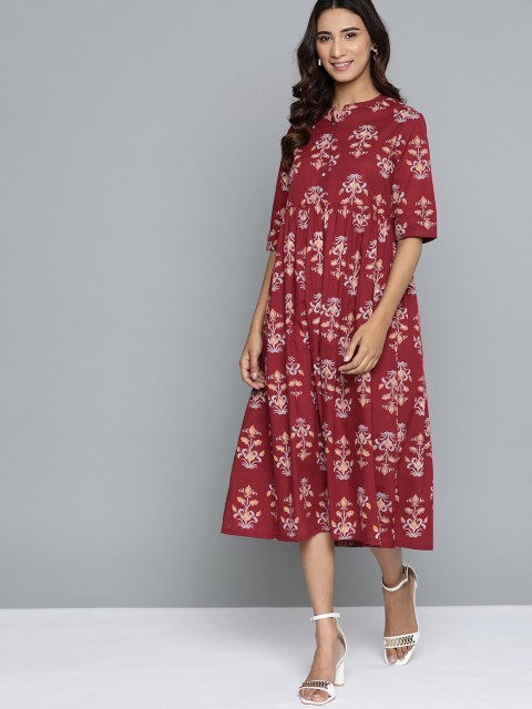 

HERE&NOW Women Maroon & Off-White Ethnic Print Pure Cotton A-Line Midi Dress