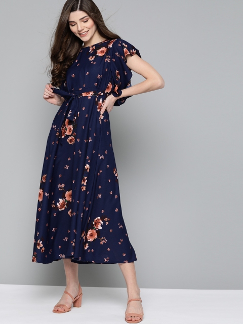 

HERE&NOW Women Navy Blue & Peach Coloured Printed A-Line Dress with Belt