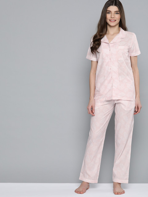

HERE&NOW Women Pink & White Printed Pure Cotton Night Suit