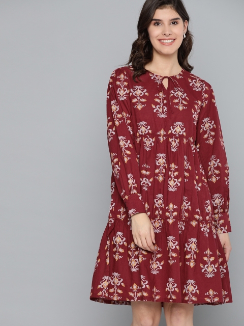

HERE&NOW Women Maroon & Off-White Pure Cotton Tiered Printed A-Line Dress