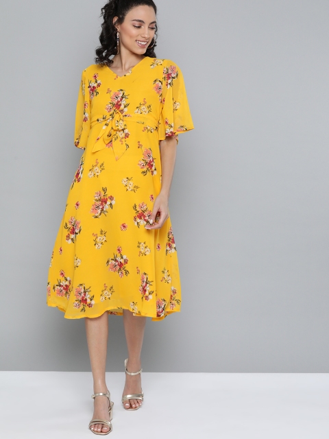 

HERE&NOW Women Yellow & Peach-Coloured Floral Print A-Line Dress & Belt