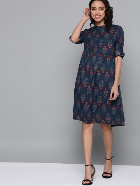 

HERE&NOW Women Navy Blue & Orange Pure Cotton Printed Shift Dress