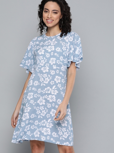 

HERE&NOW Women Blue & White Floral Printed A-Line Dress With Flared Sleeves
