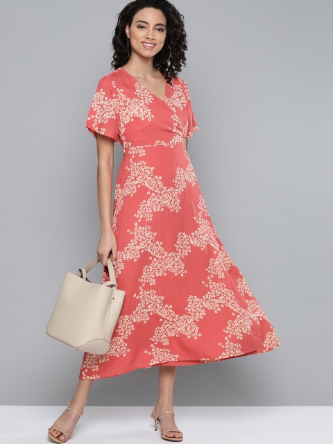 

HERE&NOW Women Pink & Cream-Coloured Floral Print Layered Midi Wrap Dress with Tie-Ups