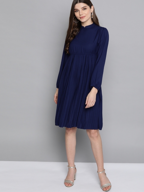 

HERE&NOW Women Navy Blue Solid A-Line Accordion Pleated Dress