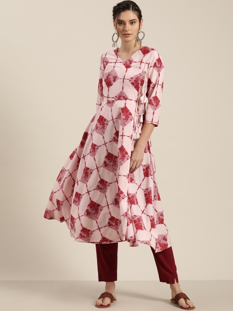 

Moda Rapido Women Pink & Maroon Pure Cotton Printed Angrakha Anarkali Kurta