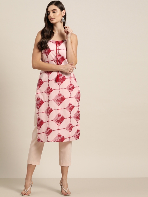 

Moda Rapido Women Peach-Coloured & Maroon Pure Cotton Geometric Print Straight Kurta