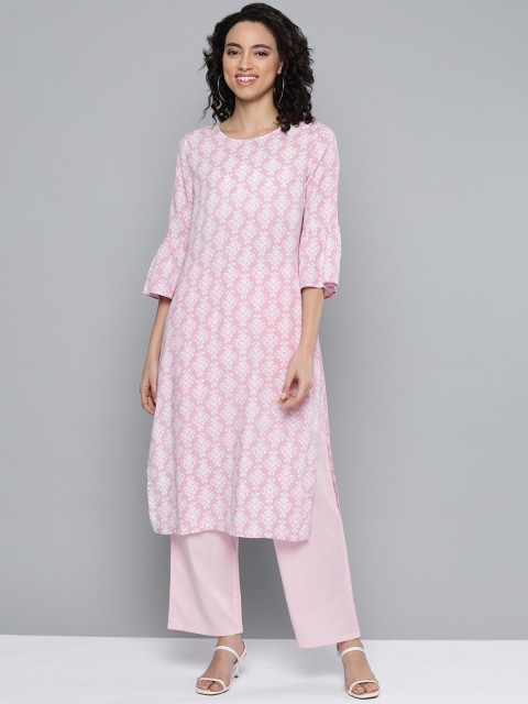

HERE&NOW Women Pink & White Ethnic Motifs Printed Bell Sleeves Cotton Straight Kurta