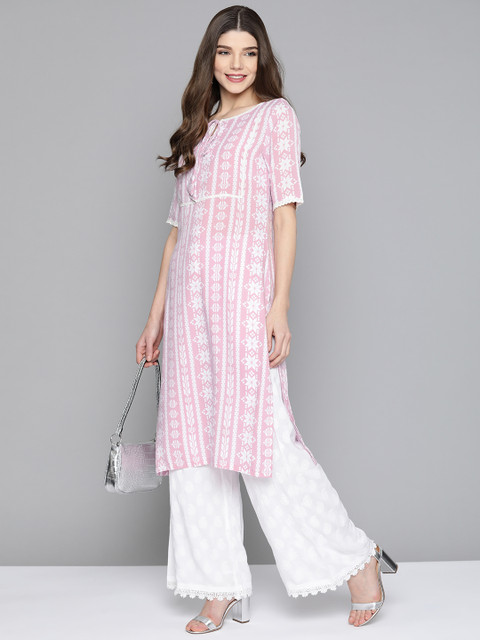 

HERE&NOW Women Mauve & Off-White Ethnic Motifs Printed Tie-Up Neck Straight Kurta