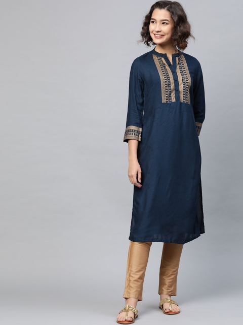 

HERE&NOW Women Navy Blue & Golden Yoke Design Straight Kurta