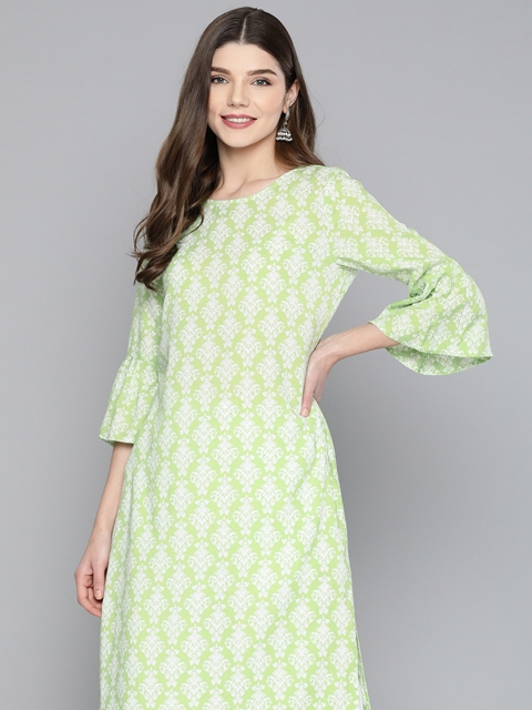 

HERE&NOW Women Green & Off-White Ethnic Motifs Printed Bell Sleeves Kurta