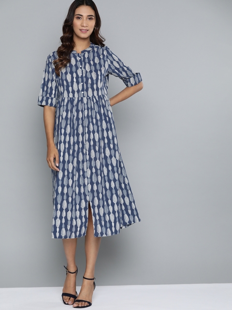 

HERE&NOW Women Blue & White Printed Pure Cotton A-Line Midi Dress