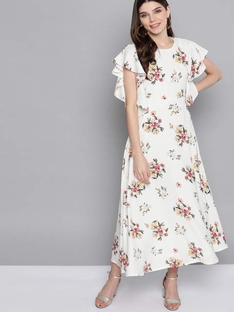 

HERE&NOW Women White & Mustard Floral Printed Maxi Dress