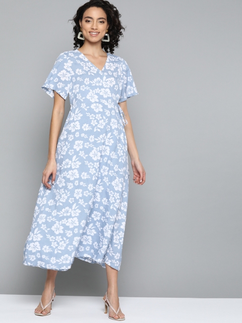 

HERE&NOW Women Blue & White Floral Printed Wrap Dress