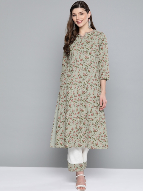 

HERE&NOW Women Green & Off-White Pure Cotton Floral Printed Kurta with Trousers