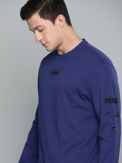 

Puma Men Blue Solid REBEL LS Relaxed Fit Round Neck Pure Cotton T-shirt with Printed Detail