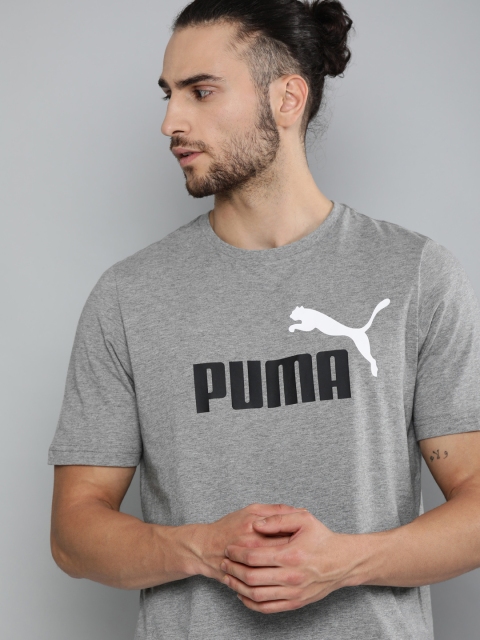 

Puma Men Grey Melange & Black Pure Cotton ESS+ 2 Col Brand Logo Print Round Neck T-shirt