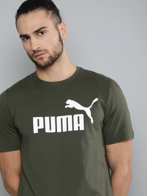 

Puma Men Olive Green & White Pure Cotton ESS Brand Logo Print Round Neck T-shirt