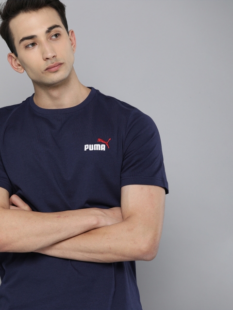 

Puma Men Navy Blue Self Design ESS+ Embroidery Logo Round Neck Pure Cotton T-shirt