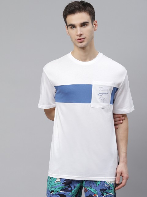 

Puma Men White & Blue Rebel Advanced Cotton Colourblocked Round Neck T-shirt