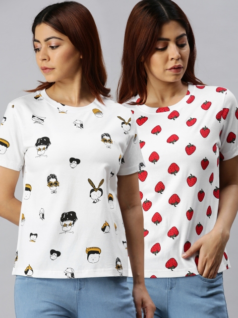 

JUNEBERRY Women Pack of 2 White Cotton Conversational Print Round Neck T-shirt